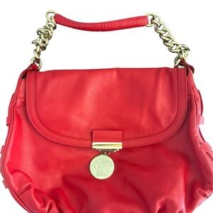 Versace Stunning Red Shoulder Bag with Gold Chain and Back Pocket